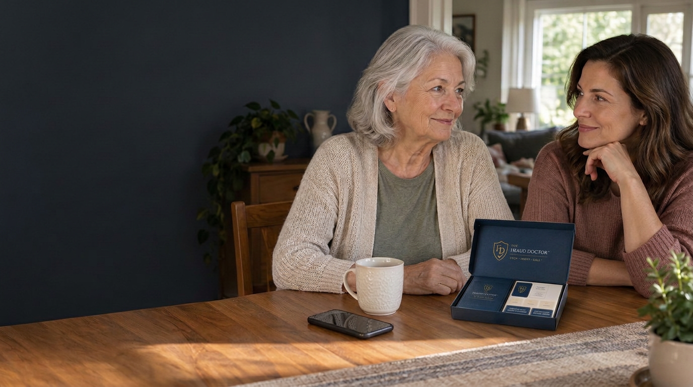 A mother and her adult daughter share a confident moment at their kitchen table with the open Fraud Doctor family protection kit, a face-down phone, and tea.